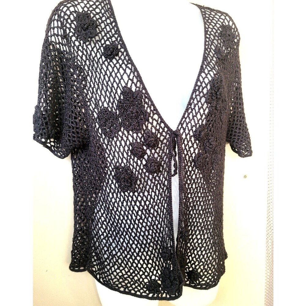 T & Company Black Crochet Tie Front Cottagecore Boho Flower Cardigan Sz 14